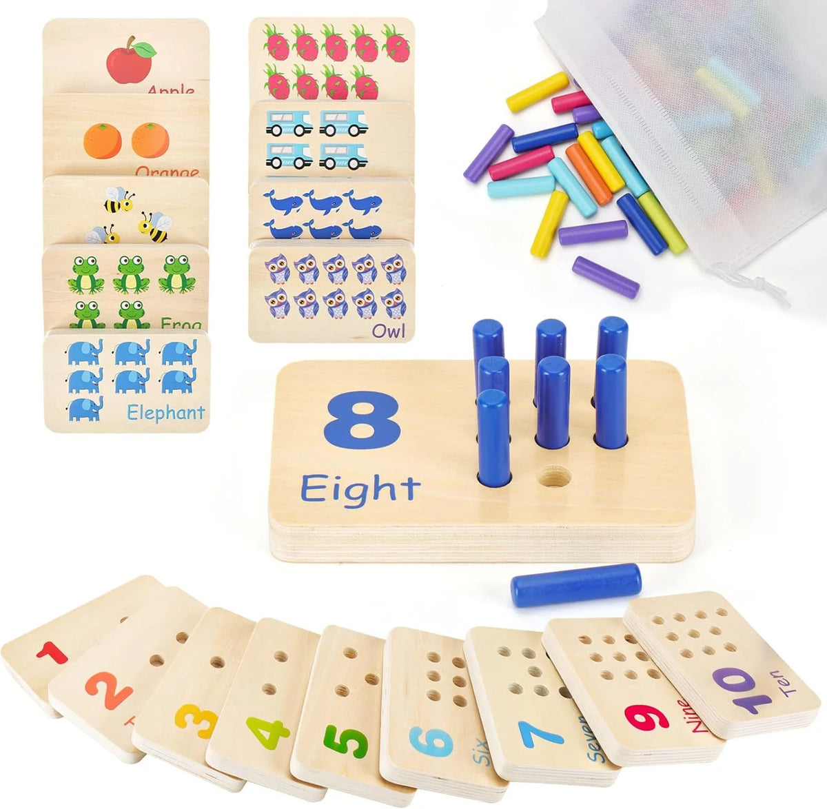 Wooden Number Blocks and Counting Peg Boards: Educational Math Manipulatives for Toddlers and Kindergarteners Learning Numbers and Math Concepts