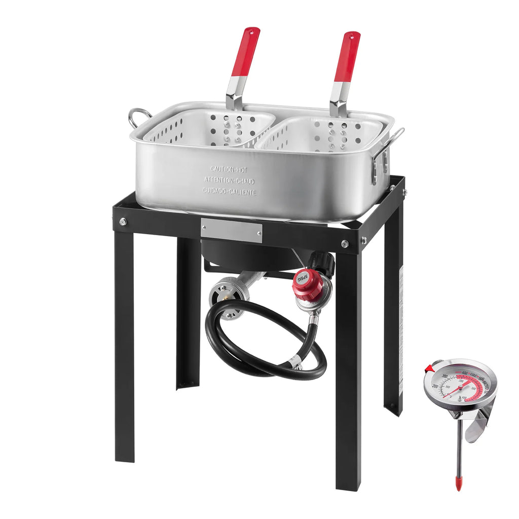 18 Qt Fish and Wing Fryer with Double Basket, Aluminum Propane Fish Fryer Kit, Outdoor Deep Fryer Seafood Pot with Thermometer and 58, 000 Btus Propane Burners, for Outdoor and Backyard Cooking