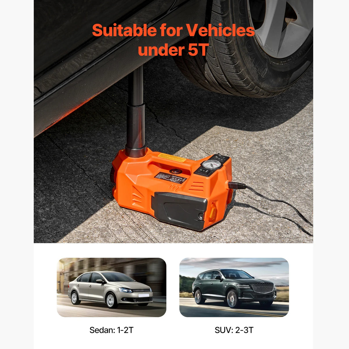Electric Car Jack, 5 Tons /11000 Lbs, Electric Scissor Jack with Built-In Inflator, 12V Adjustable Tire Change Replacement with Secure Hammer & LED Light, Portable Jack Kit for Sedan, SUV, Truck