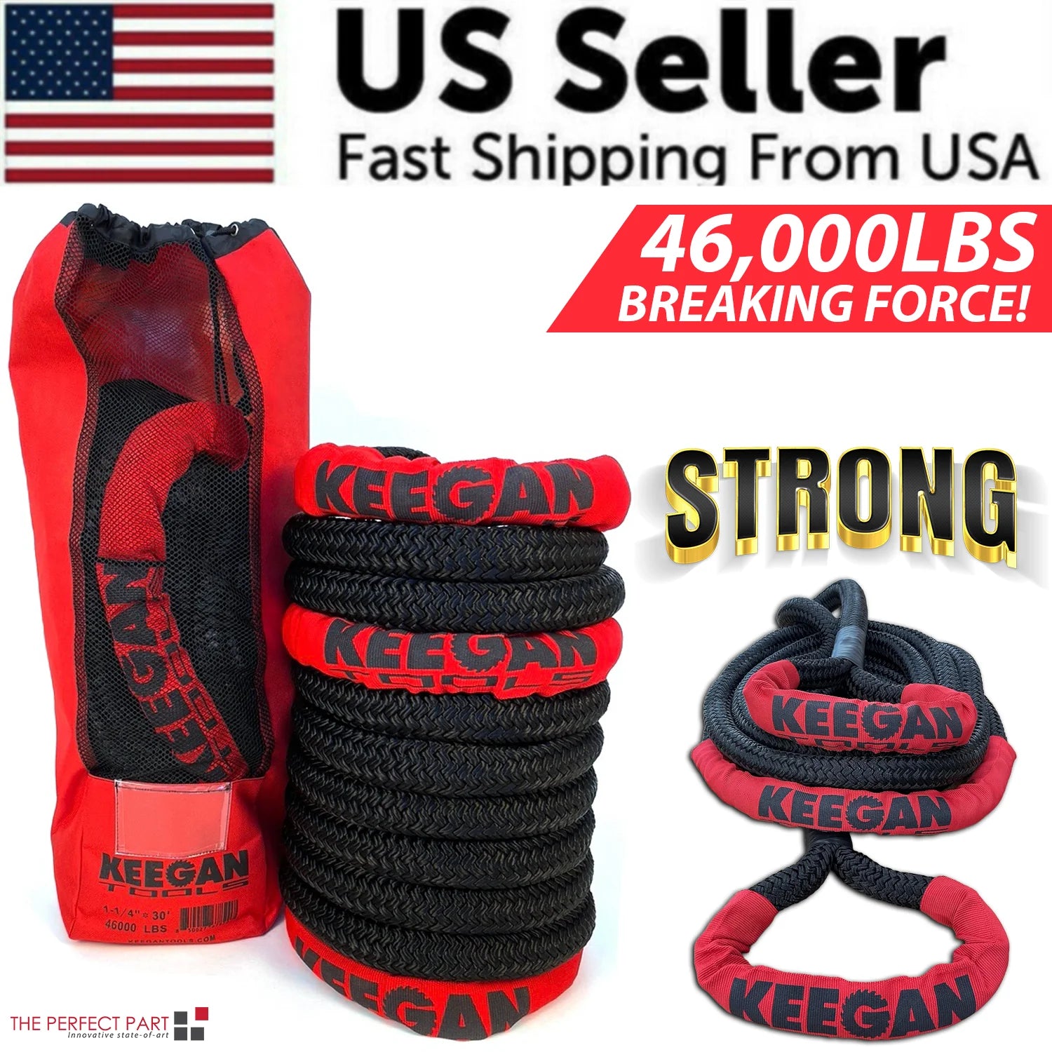 KEEGAN TOOLS 1.25"X30' Kinetic Energy Recovery Rope 46000 Lbs Tow Rope Carry Bag