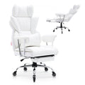 Reclining Office Chair with Footrest, Heavy Duty PU Leather Wide Office Chair, Big and Tall Executive Office Chairs with Lumbar Support, Strong Metal Base Quiet Wheels, White