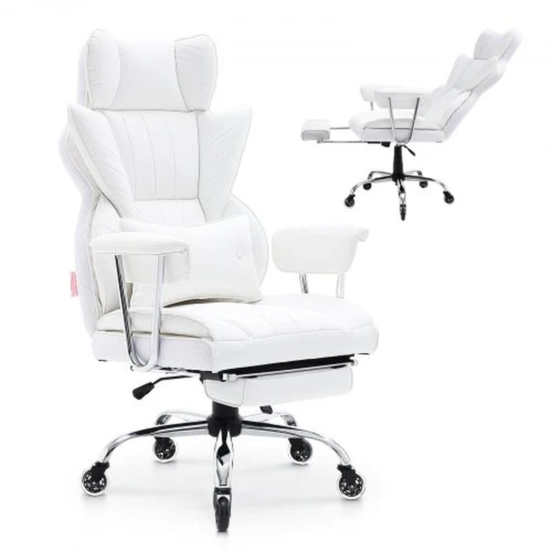 Reclining Office Chair with Footrest, Heavy Duty PU Leather Wide Office Chair, Big and Tall Executive Office Chairs with Lumbar Support, Strong Metal Base Quiet Wheels, White