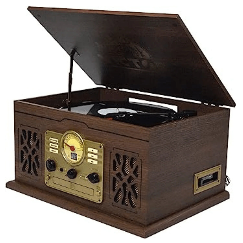 Victor State 7-In-1 Wood Music Center with 3-Speed Turntable and Dual Bluetooth