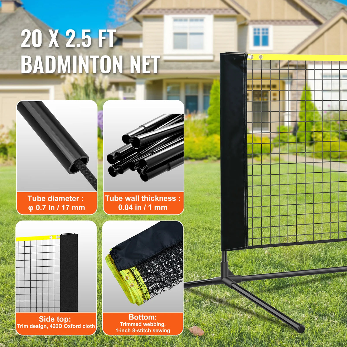 Badminton Net, Height Adjustable Volleyball Net, 20Ft Wide Foldable Pickleball Net, Portable Tennis Net Set with Poles, Stand, Bag, Rackets, Nylon Shuttlecocks, Kid Backyard Indoor Outdoor Use