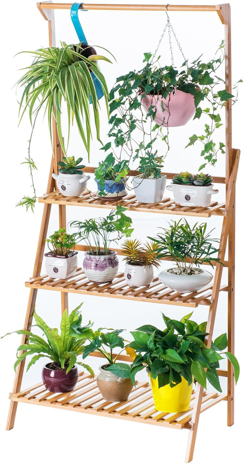 Bamboo 3-Tier Hanging Plant Stand Planter Shelves Flower Pot Organizer Rack Folding Display Shelving Plants Shelf Unit Holder