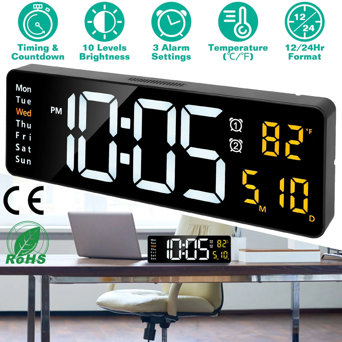 15.7In LED Digital Wall Clock with Remote Control for Home Gadget 10 Level Brightness 3 Alarm Settings 12-24Hr Format Timing Countdown Temperature Calendar Display Decorative Clock for Office Home
