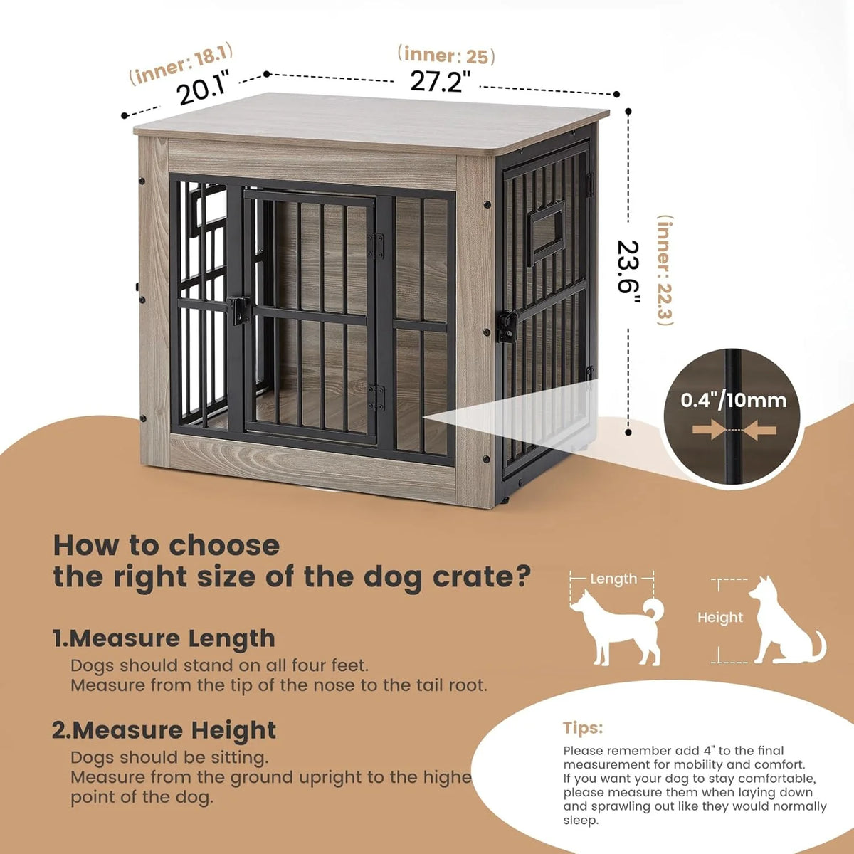 Heavy Duty Dog Crate Furniture for Puppy/Small Dogs, Decorative Pet House End Table with 3 Doors, Wooden Cage Kennel Furniture Indoor, Rustic Grey - without Bowls