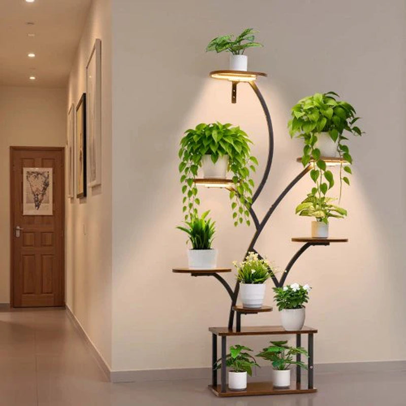 Plant Stand Indoor with Grow Lights, 62 in Tall 8-Tier Lighted Plant Shelf, Metal Corner Plants Holder, 3 Timer & 10 Brightness, Tree-Shaped Flower Display Rack for Living Room Balcony Decor