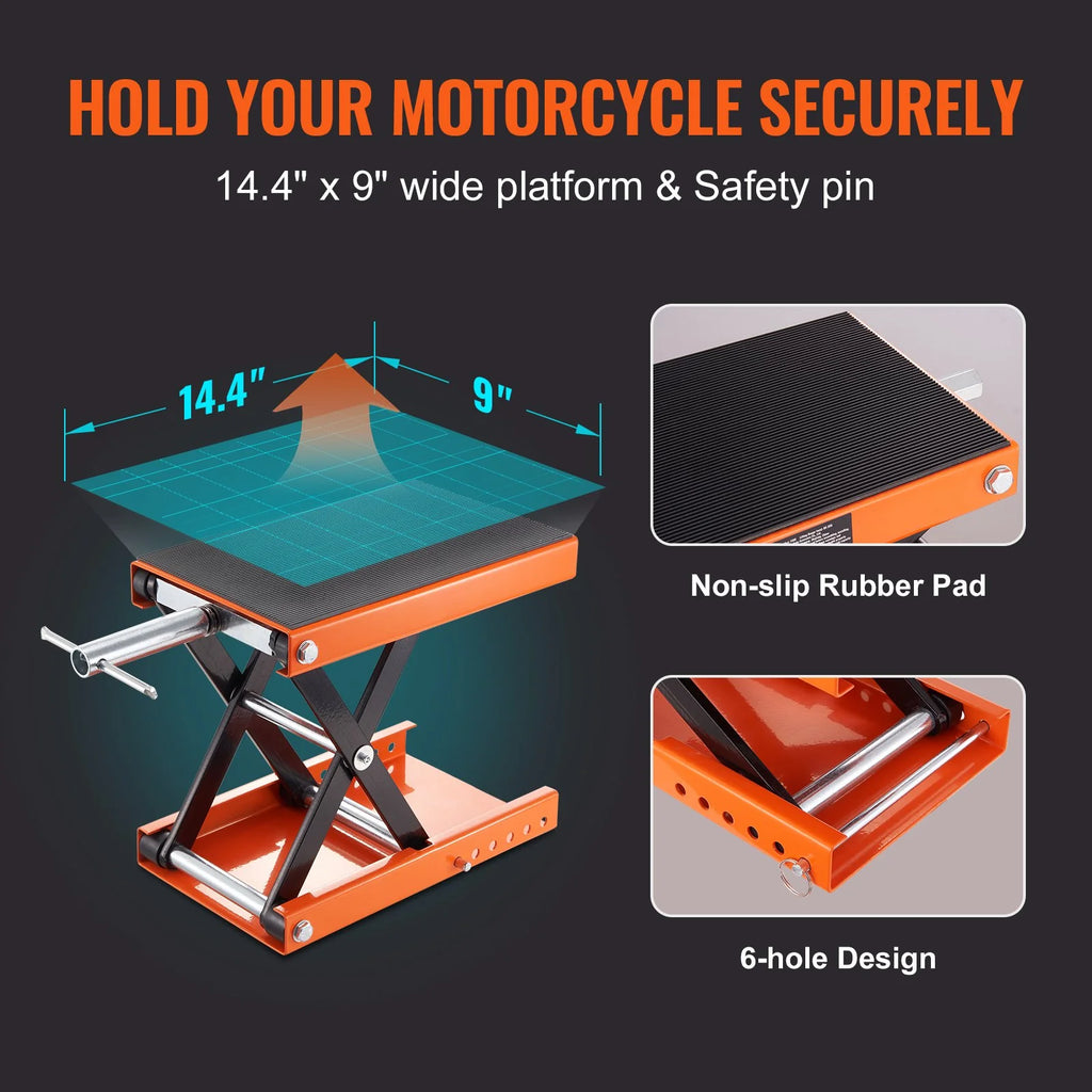 VEVOR Motorcycle Lift, 1100 LBS Motorcycle Scissor Lift Jack with Wide Deck & Safety Pin, 3.7-13.8 Center Hoist Crank Stand, Steel Scissor Jack for Street Bikes, Cruiser Bikes, Touring Motorcycles