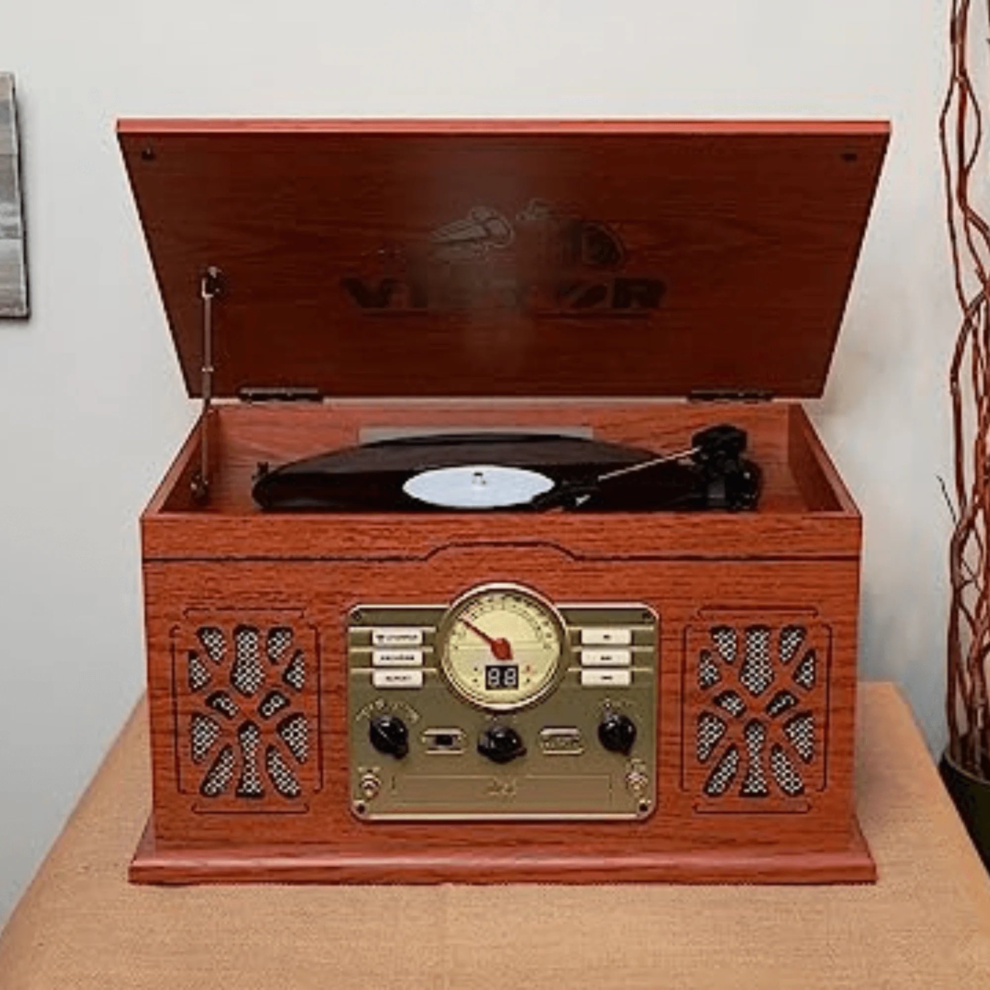 Victor State 7-In-1 Wood Music Center with 3-Speed Turntable and Dual Bluetooth