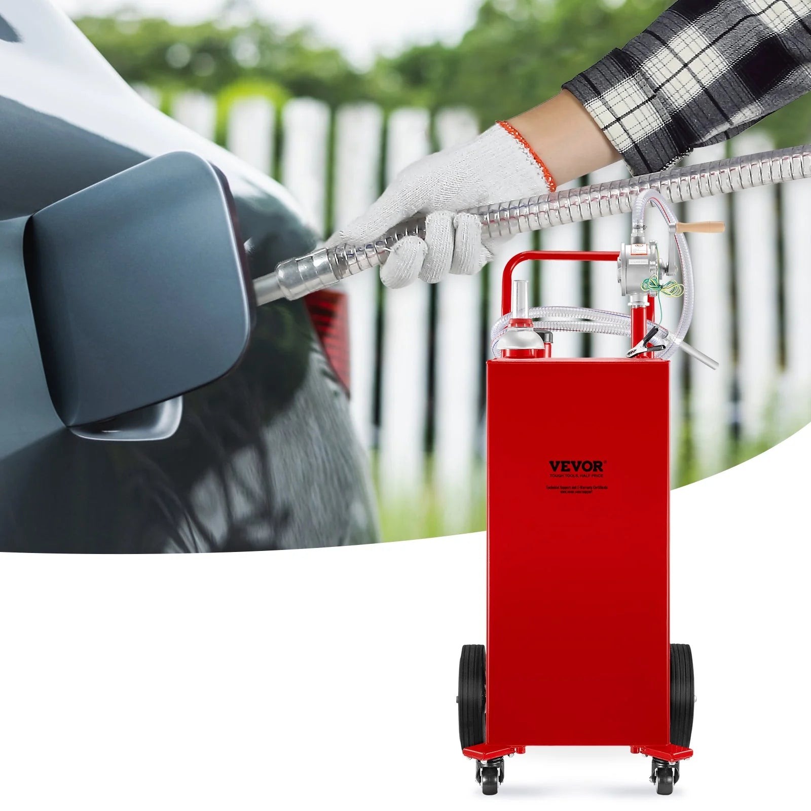 VEVOR 30 Gallon Fuel Caddy, Gas Storage Tank & 4 Wheels, with Manuel Transfer Pump, Gasoline Diesel Fuel Container for Cars, Lawn Mowers, Atvs, Boats, More, Red