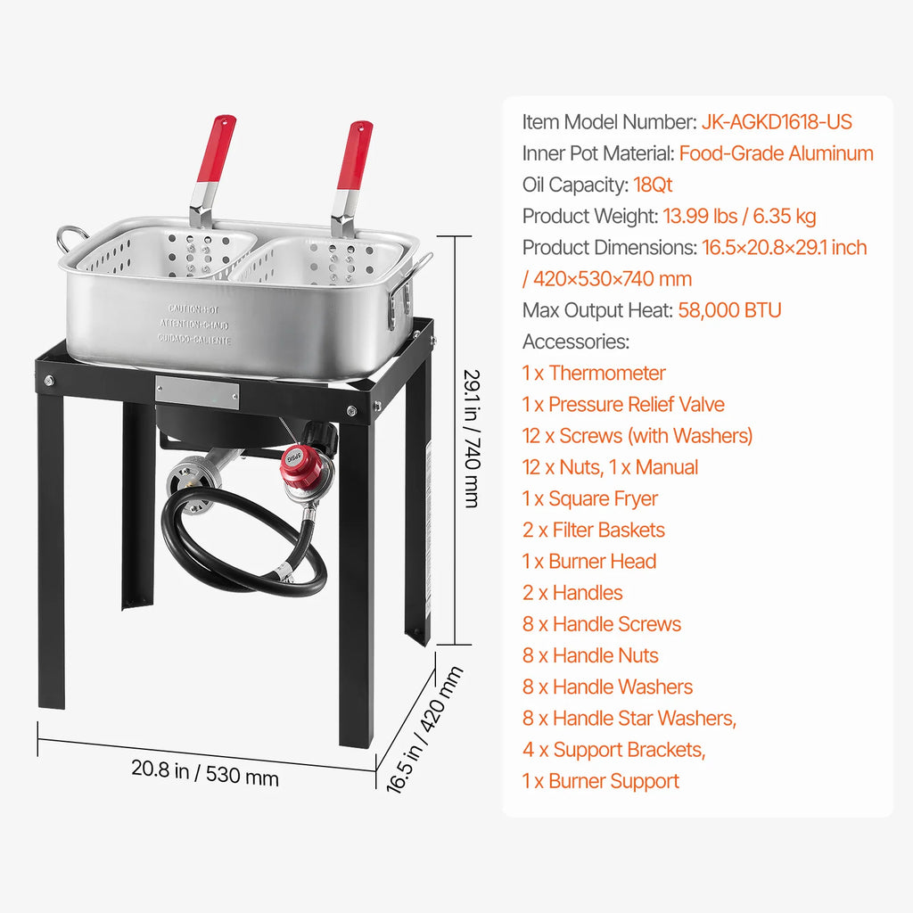 18 Qt Fish and Wing Fryer with Double Basket, Aluminum Propane Fish Fryer Kit, Outdoor Deep Fryer Seafood Pot with Thermometer and 58, 000 Btus Propane Burners, for Outdoor and Backyard Cooking