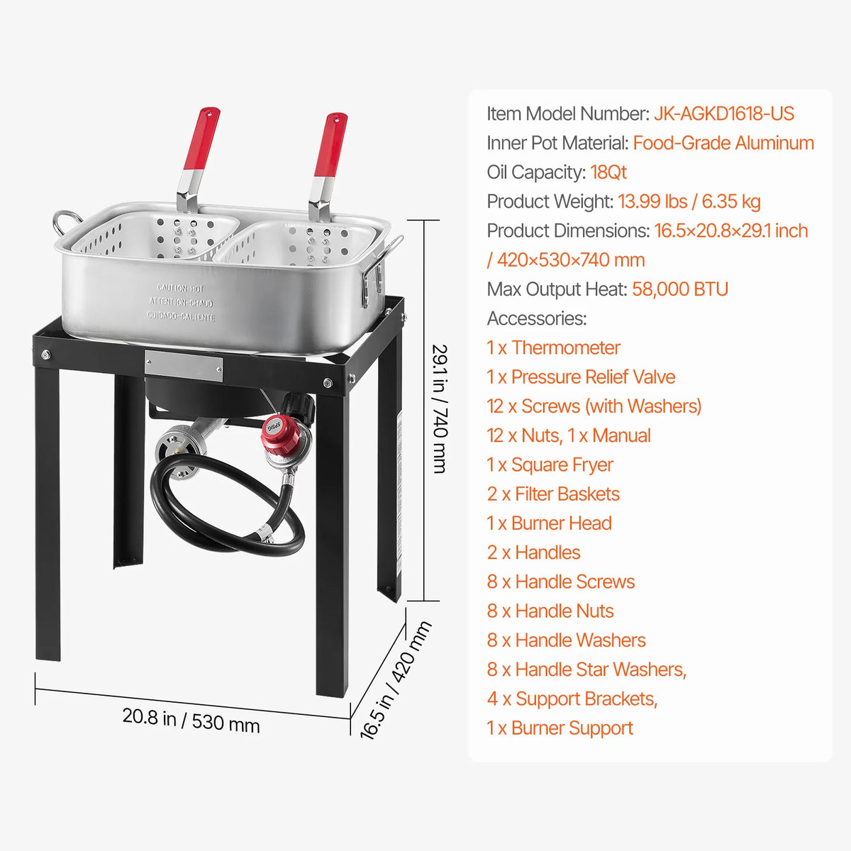 18 Qt Fish and Wing Fryer with Double Basket, Aluminum Propane Fish Fryer Kit, Outdoor Deep Fryer Seafood Pot with Thermometer and 58, 000 Btus Propane Burners, for Outdoor and Backyard Cooking