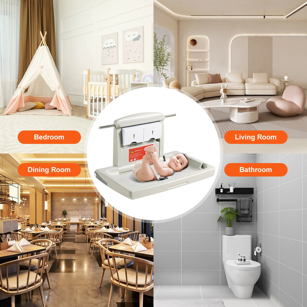 Wall-Mounted Baby Changing Station, Horizontal Foldable Diaper Change Table with Safety Straps and Hanging Rods, Use in Commercial Bathrooms, Daycare Centers for Newborns & Infant
