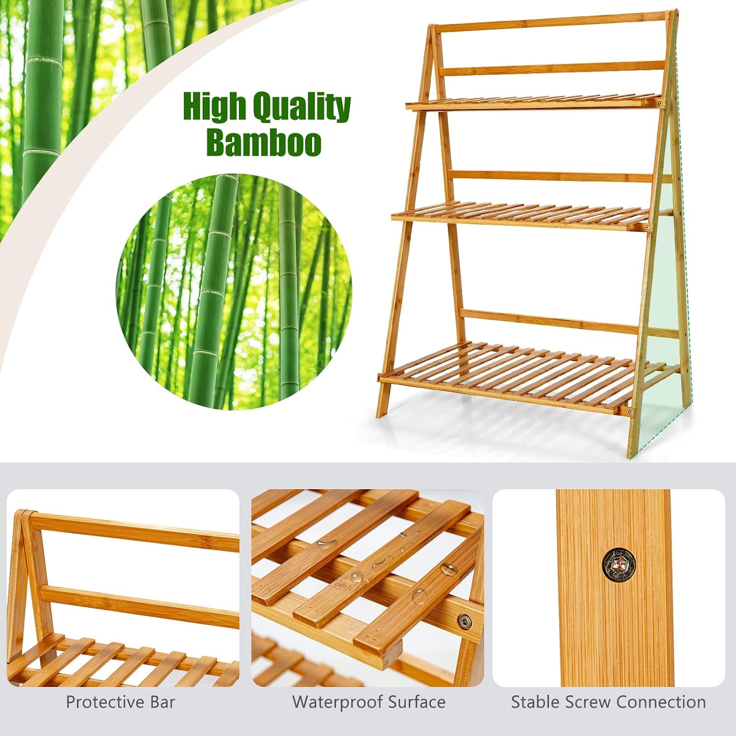 Bamboo Ladder Plant Stand, 3 Tier Folding Bamboo Plant Shelf, Foldable Flower Pot Display Shelf Rack, Multiple Plants Holder Organizer Storage Shelf for Indoor Outdoor Balcony Garden (Natural)