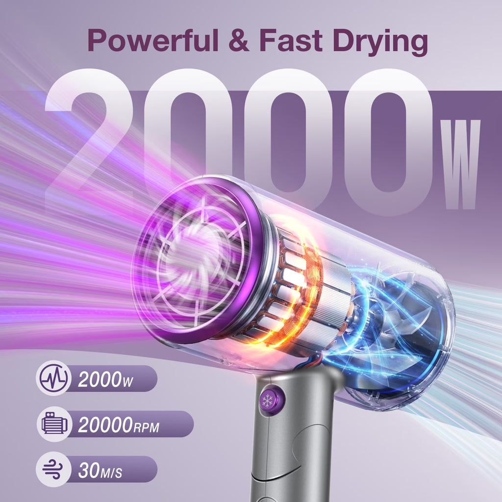 Professional Ionic Hair Dryer, 2000W Powerful Blow Dryer with Diffuser and Concentrator, for Home and Travel Use, Purple