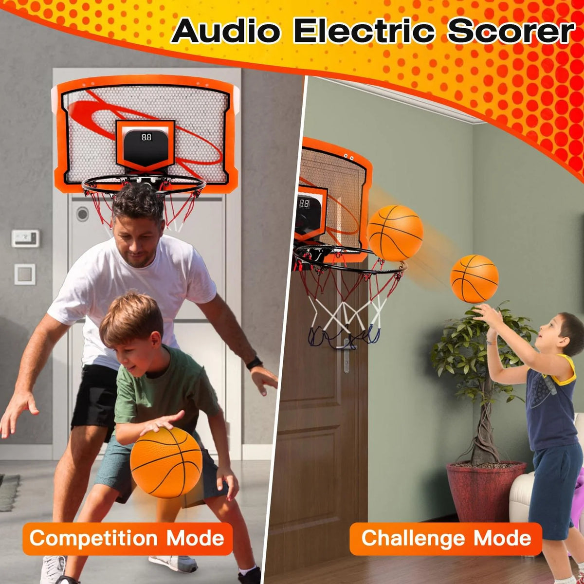 1Set Indoor Mini Basketball Hoop Set over Door Basketball Hoop with 4 Inflatable Balls Electric Audio Scorer Foldable Basket Gift for Kids and Adults