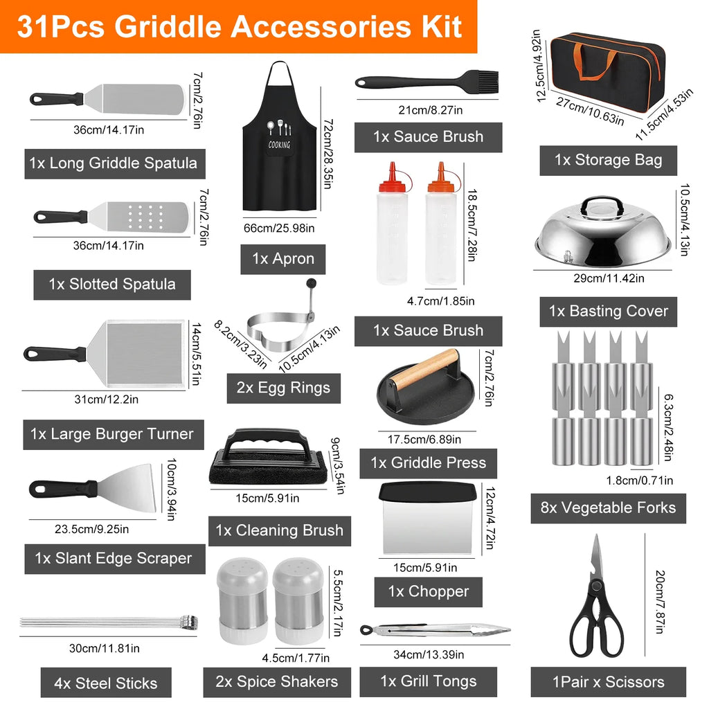 31Pcs Griddle Accessories Kit Flat Top Grill Accessories for Camp Chef with Spatulas Griddle Press Basting Cover Spice Shakers Vegetable Forks Steel Sticks Egg Rings Storage Bag