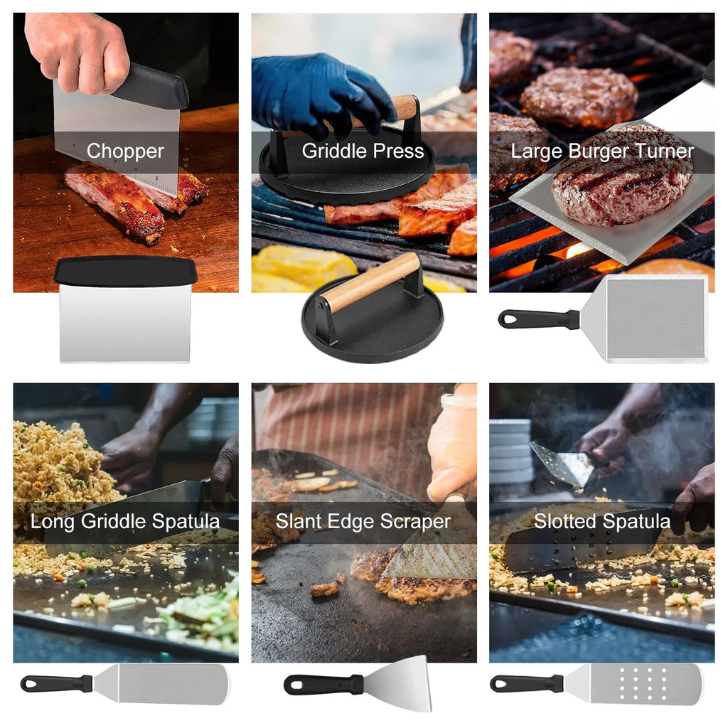31Pcs Griddle Accessories Kit Flat Top Grill Accessories for Camp Chef with Spatulas Griddle Press Basting Cover Spice Shakers Vegetable Forks Steel Sticks Egg Rings Storage Bag