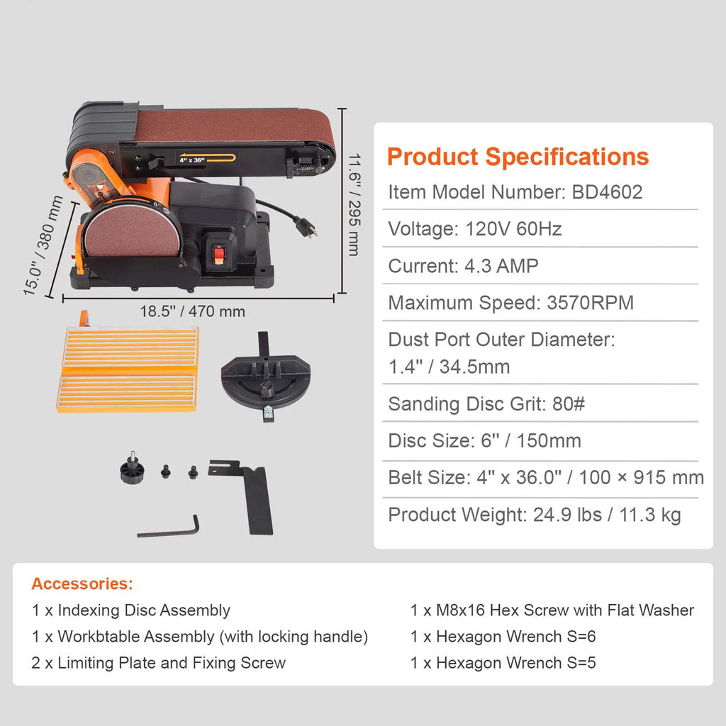 Belt Disc Sander Combo with 5A/4.3A/2.5A Induction Motor Belt Sanding Machine Woodworking Deburring Grinder Combo Bench