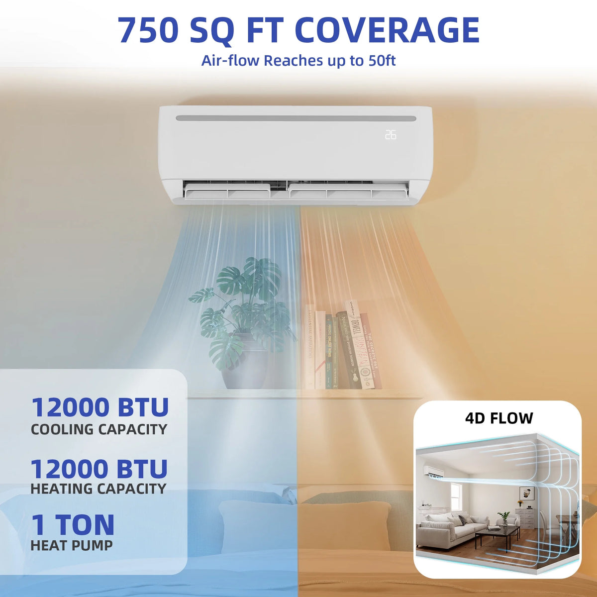 12000 BTU Mini Split Air Conditioner Heat Pump System, Wifi Enabled 17 SEER2 208-230V Ductless AC Cool up to 750 Sq. Ft, Compatible with Alexa, R32 Refrigerant & Installation Kit, White