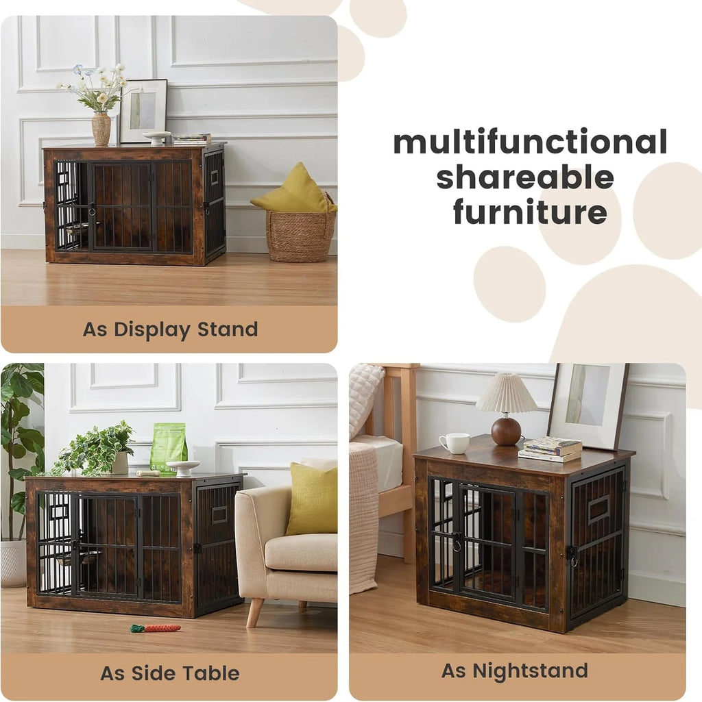 Heavy Duty Dog Crate Furniture for Puppy/Small Dogs, Decorative Pet House End Table with 3 Doors, Wooden Cage Kennel Furniture Indoor, Rustic Grey - without Bowls