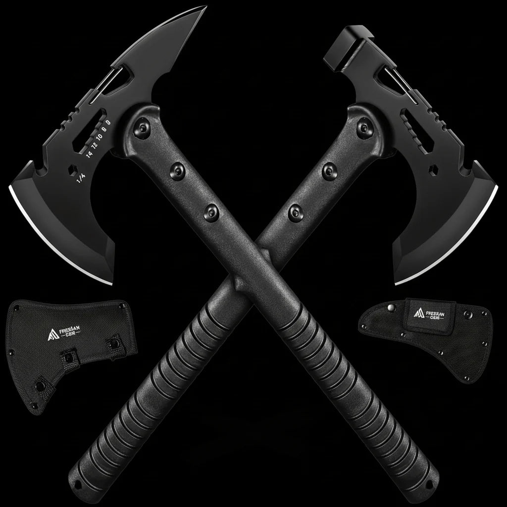 Camping Axe Set 4 Piece Tactical Hatchet Set with 2 Canvas Sheaths
