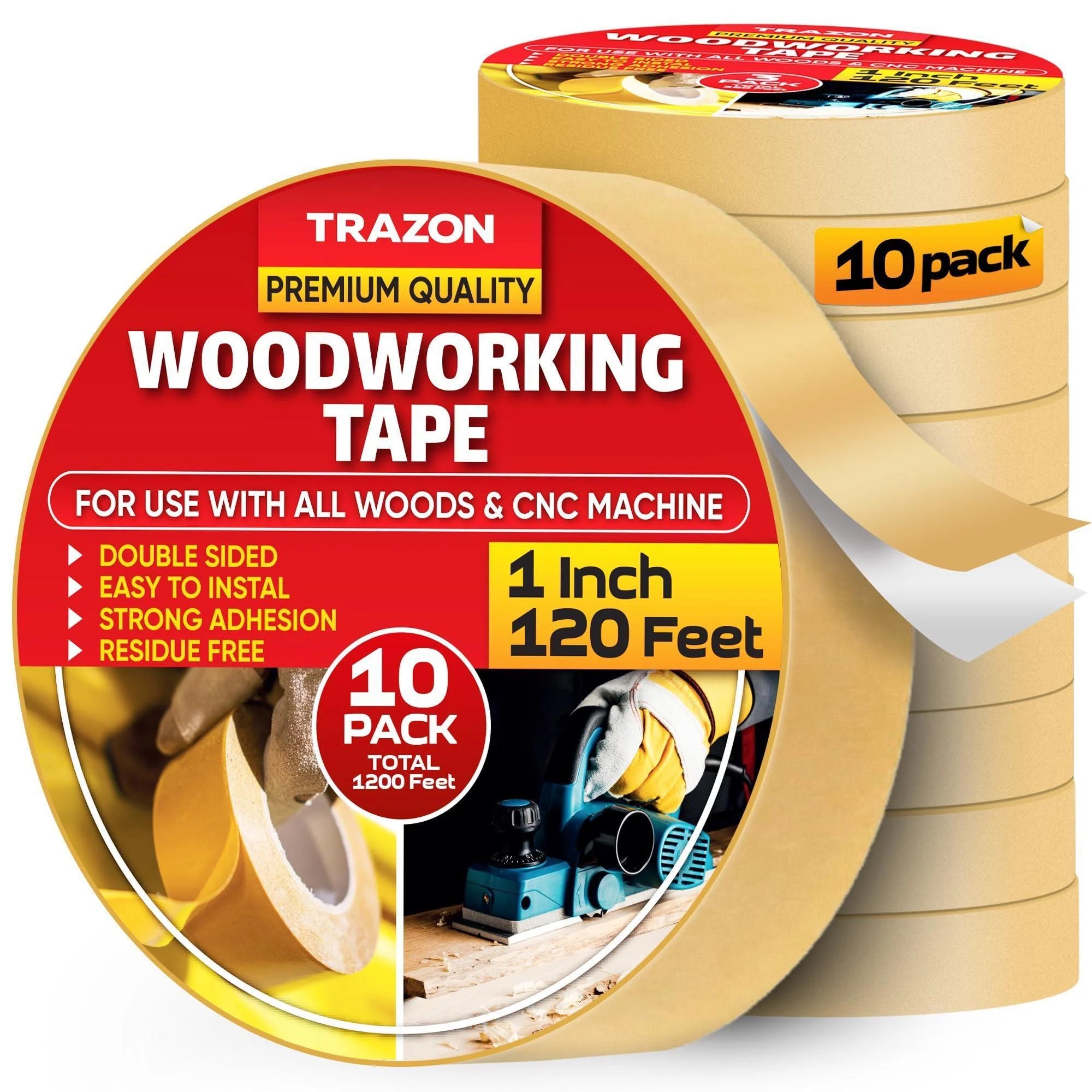 Double Sided Woodworking Tape 10 Pack 1 Inch X 120 Ft Wood Crafter Sticky Tool Two Side Adhesive for Router Templates Removable & Residue Free