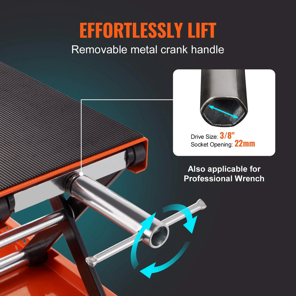 VEVOR Motorcycle Lift, 1100 LBS Motorcycle Scissor Lift Jack with Wide Deck & Safety Pin, 3.7-13.8 Center Hoist Crank Stand, Steel Scissor Jack for Street Bikes, Cruiser Bikes, Touring Motorcycles