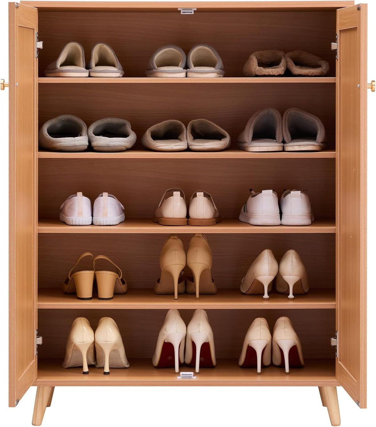 Rattan Shoe Cabinet, 5 Tiers Shoe Storage Organizer with 2 Doors and Adjustable Shelves, 40.35" Tall Rattan Shoe Storage Entryway Cabinet Ideal for Entryway, Closet, Hallway, Light Wood Color