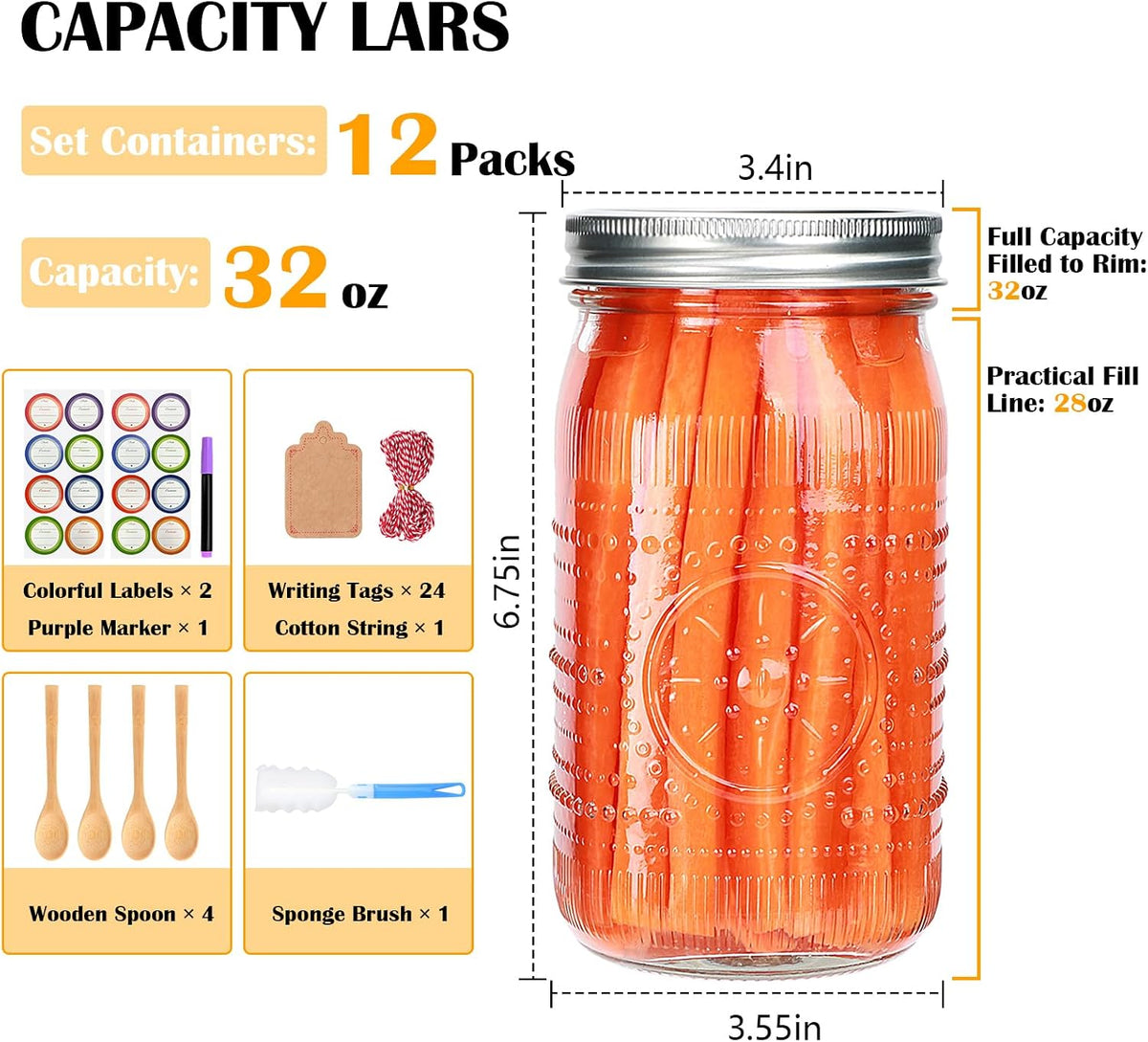 Wide Mouth Mason Jars with Lids 32Oz, 12 Pack Quart Canning Jars