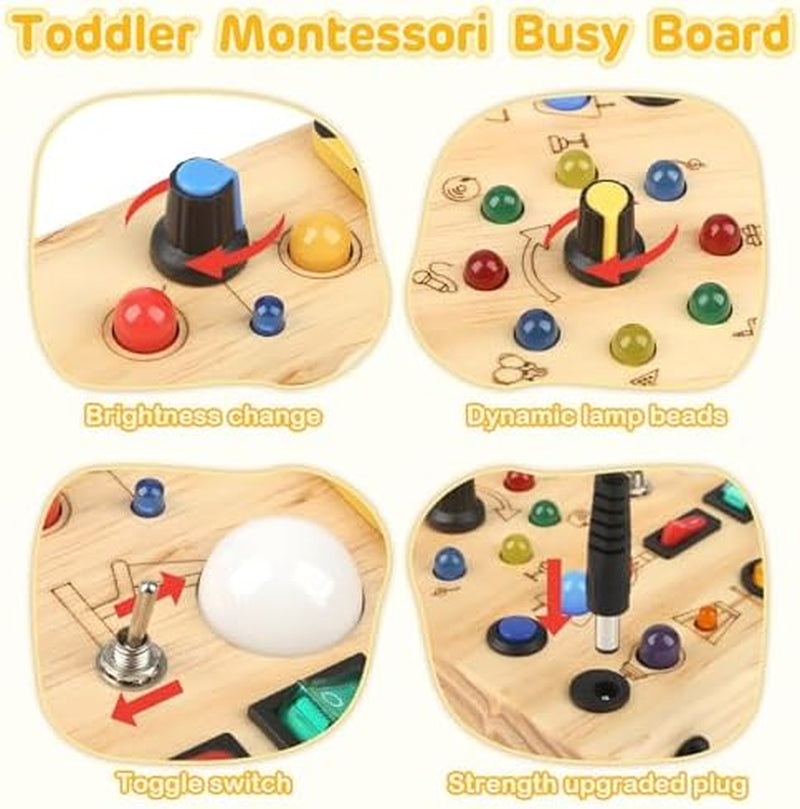 LED Busy Board for Toddlers 1-3,Montessori Sensory Toy with Key Switch and Plug, Light up Wood Activity Switch Board for Fine Motor Skills, Educational Travel Toy Gift for 1 2 3 Year Old Boys Girls