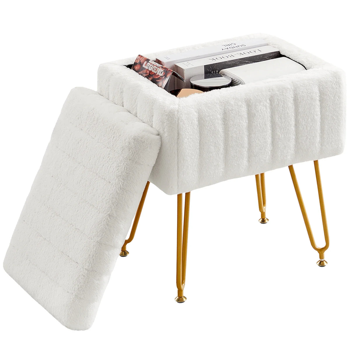 JHK Faux Fur Living Room Hidden Storage Stools & Ottomans Padded Makeup with 4 Metal Legs Anti-Slip Adjustable Feet for Home