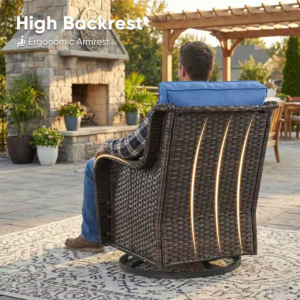 Carolina Brown Swivel Rocking Wicker Outdoor Lounge Chair with Blue Cushions with Ottomans