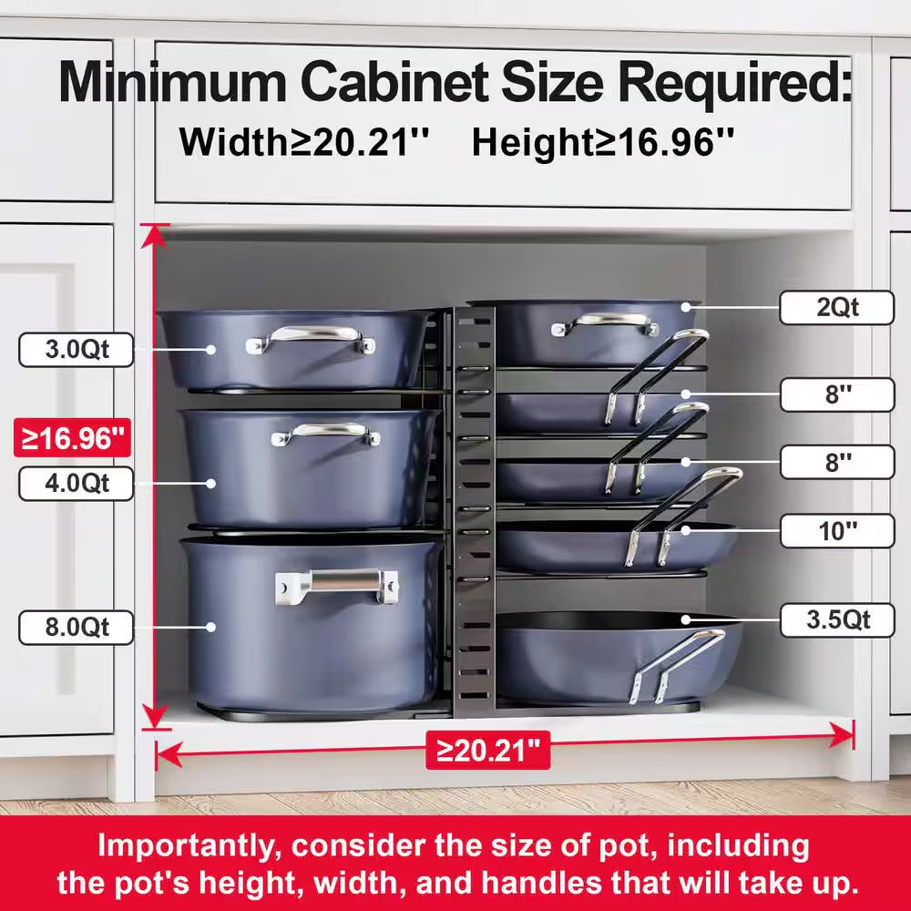 8-Tier 14.96 In. H Black Adjustable Standing Pot Rack, Pots and Pans Organizer, Kitchen Organizers and Storage