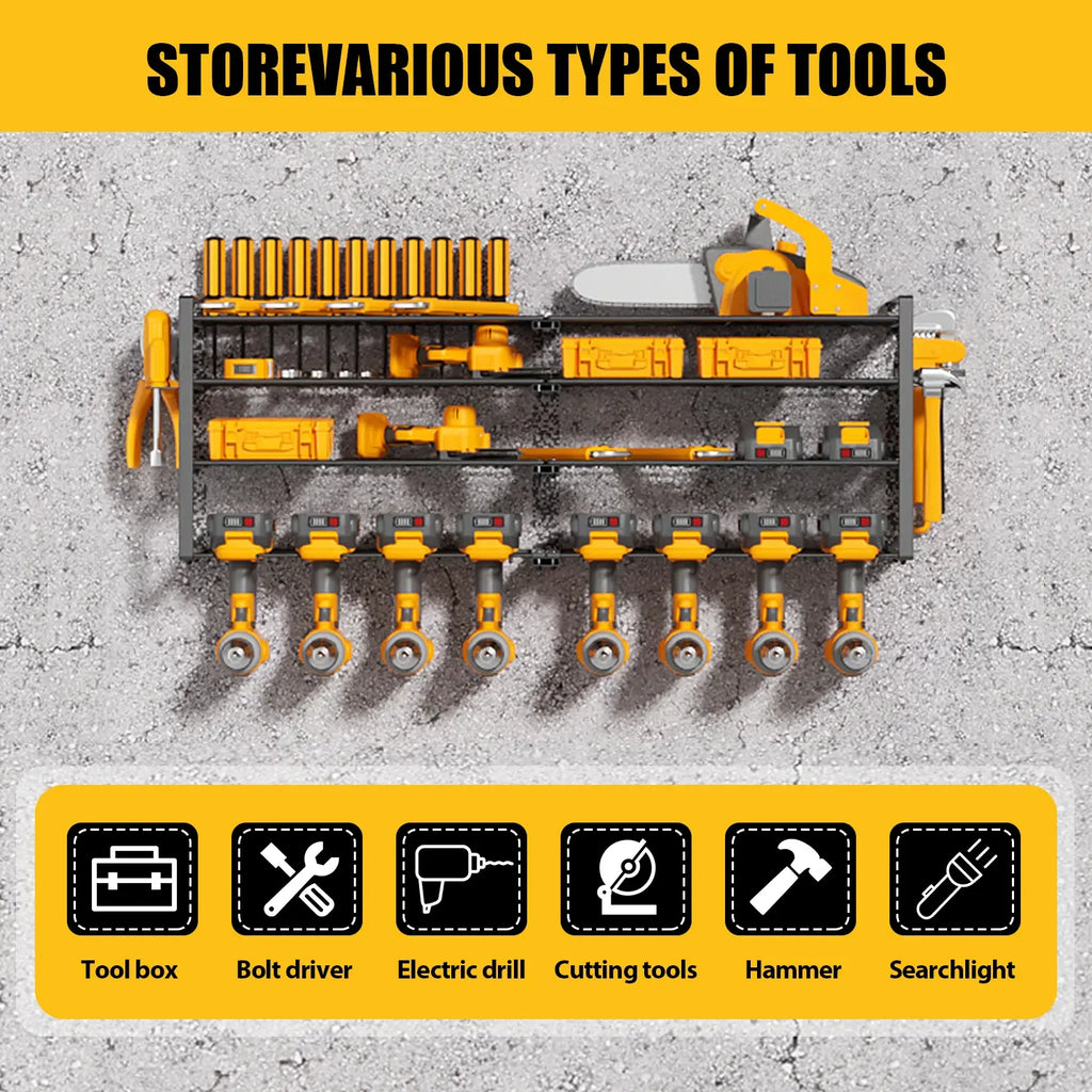 Power Tool Storage Rack 4 Layers Organizer-8 Tool Floating Shelf Wall Mount Heavy Duty Iron Drill Holder for Basement Workbench