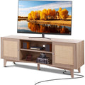 Rattan TV Stand, Mid Century Modern TV Stand for 75 Inch TV, Boho Rattan TV Cabinet with Build-In Socket and USB Ports, Adjustable Shelfs for Living Room, Media Room, Oak