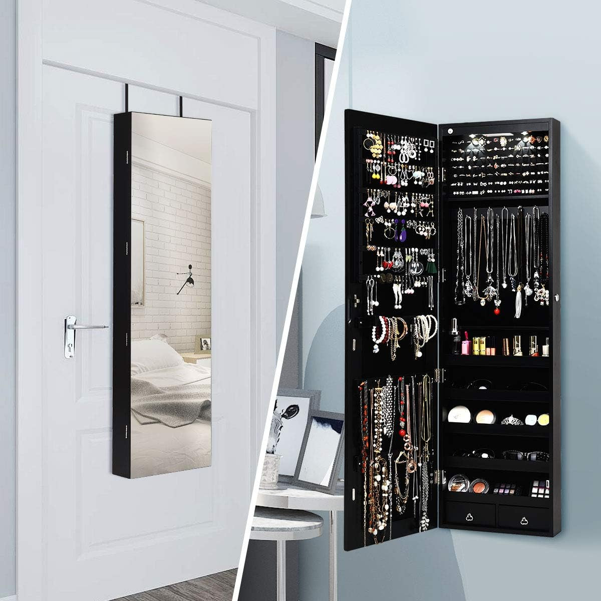 Wall Door Mounted Jewelry Armoire Cabinet with 47.5" H Full Length Mirror, 2 Leds Lockable Jewelry Organizer Box with Bracelet Rod, 2 Drawers, Large Storage Capacity (Black)