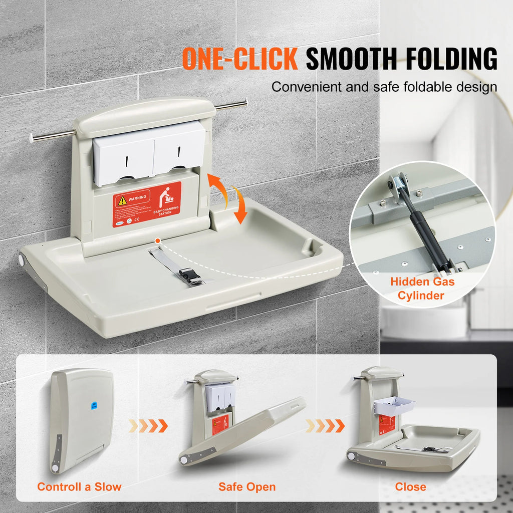 Wall-Mounted Baby Changing Station, Horizontal Foldable Diaper Change Table with Safety Straps and Hanging Rods, Use in Commercial Bathrooms, Daycare Centers for Newborns & Infant