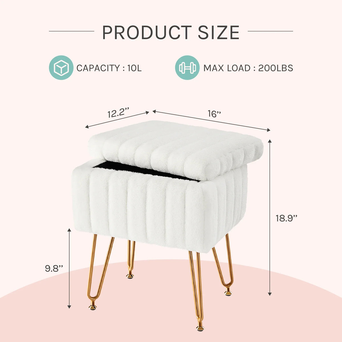 JHK Faux Fur Living Room Hidden Storage Stools & Ottomans Padded Makeup with 4 Metal Legs Anti-Slip Adjustable Feet for Home