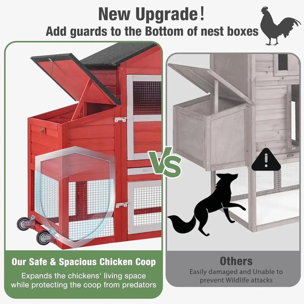 Chicken Coop for Outdoor - Poultry Cage with Wheels, Nesting Box, Leakproof Pull-On Tray, and Asphalt Waterproof Roof - Red