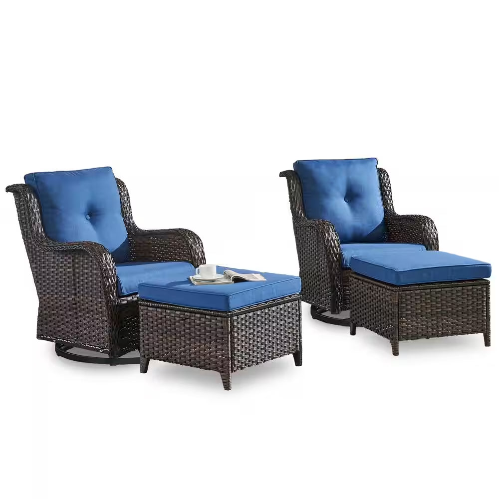 Carolina Brown Swivel Rocking Wicker Outdoor Lounge Chair with Blue Cushions with Ottomans