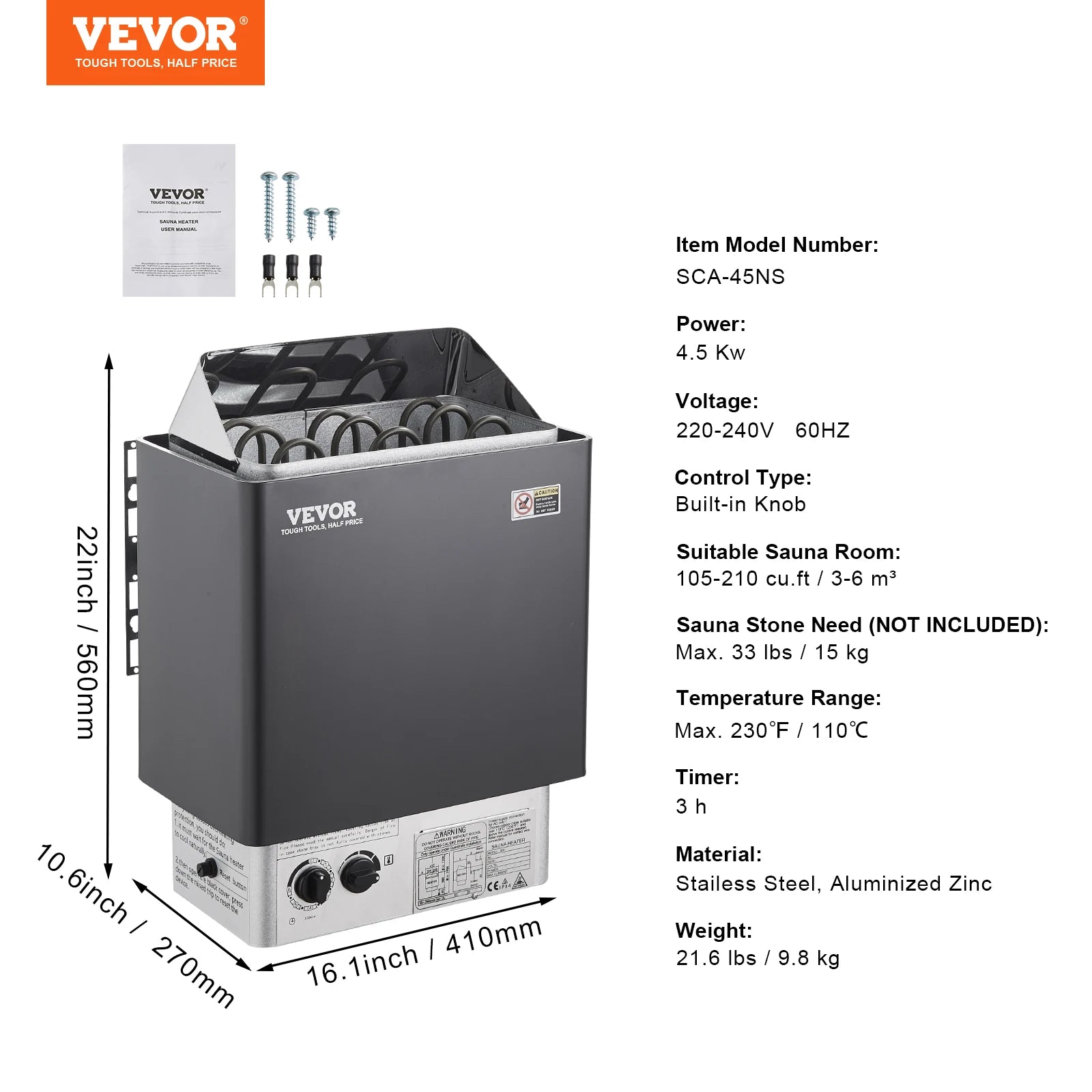 Succebuy Sauna Heater 3/4.5/6/9KW 220V Electric Sauna Stove Steam Bath Sauna Heater for Max. 317-459 Cubic Feet Home Hotel Spa