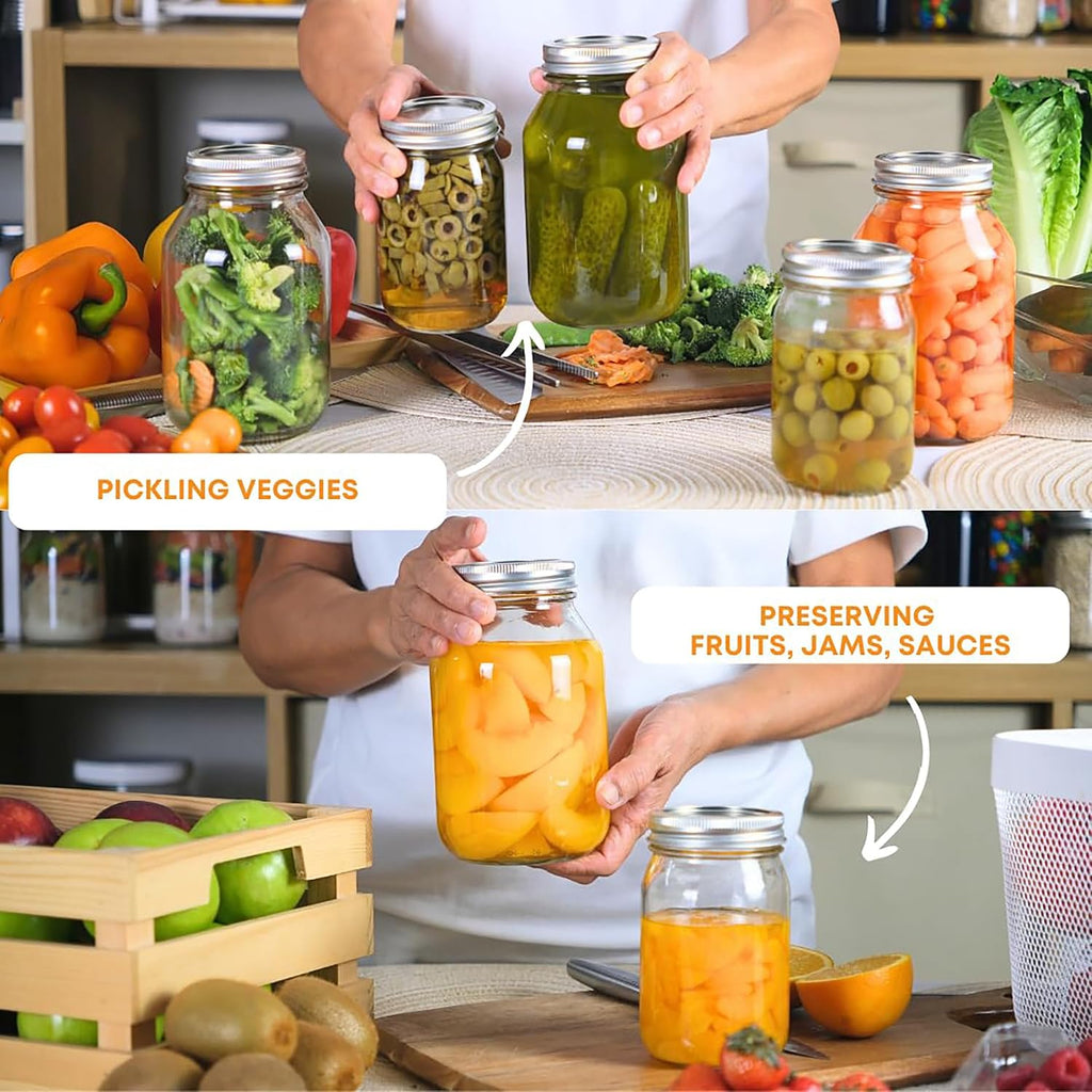 32 Oz Regular Mouth Mason Jars with Lids – Pack of 12 Quart Canning Jars for Food Storage, Pickling, Fermentation, Crafts – Reusable Airtight Large Glass Mason Jar with 1 Black Cap Gripper
