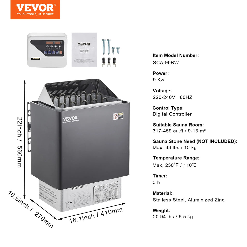 Succebuy Sauna Heater 3/4.5/6/9KW 220V Electric Sauna Stove Steam Bath Sauna Heater for Max. 317-459 Cubic Feet Home Hotel Spa