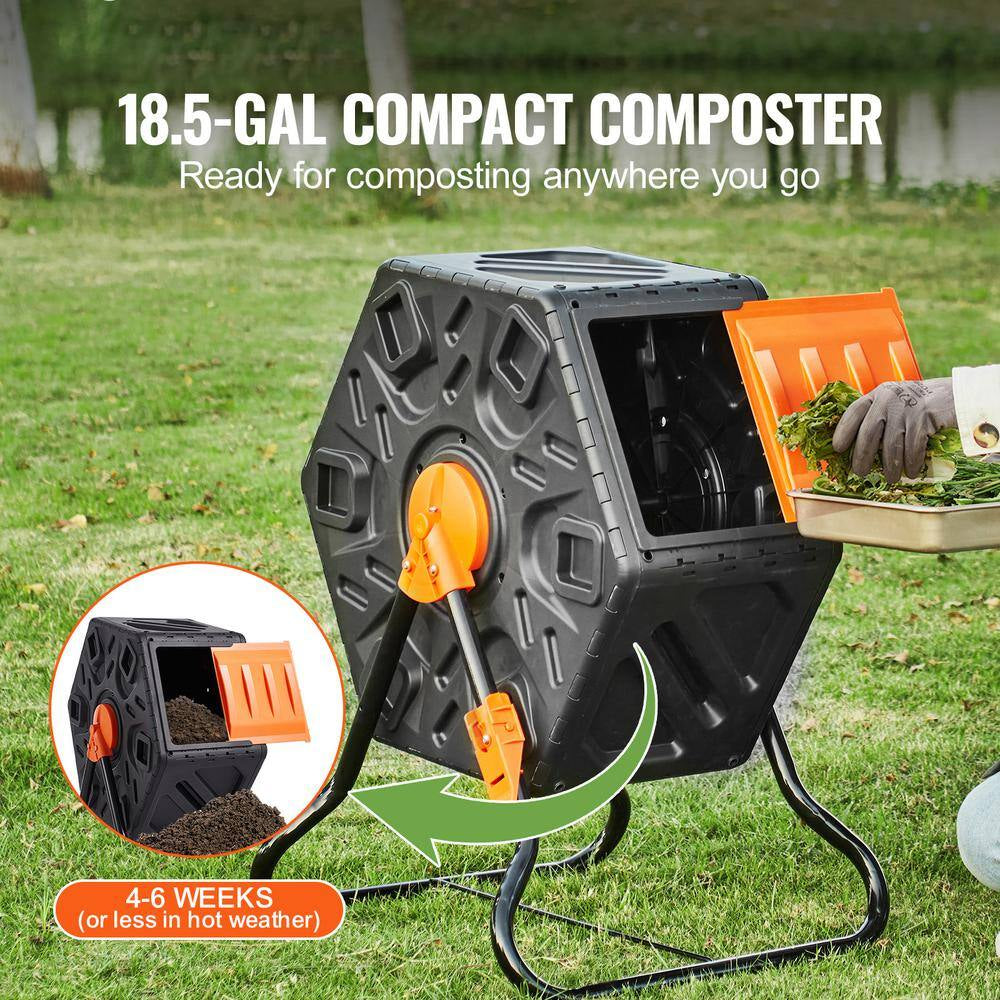 Compost Bin 18.5 Gal. Small Composting Tumbler Compact Single Rotating Chamber with Sliding Door and Frame for Garden
