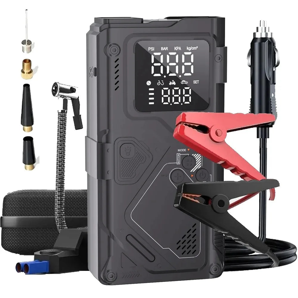 6 in 1 Jump Starter with Air Pump Peak 5000A Booster 150PSI Tire Inflator 8L Gas/4L Diesel with DC Power Cord 400LM Flashlight