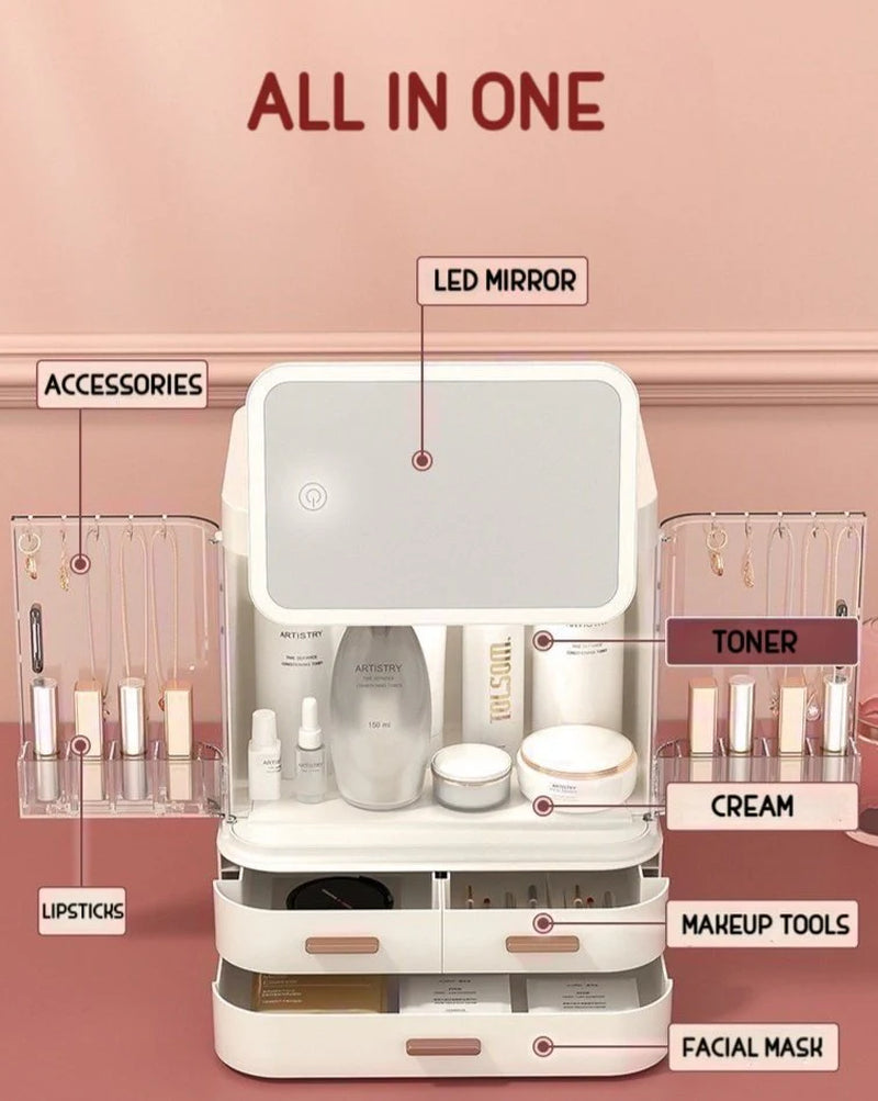 All-In-One Organizer with Led Mirror for Makeup Skincare & Accessories