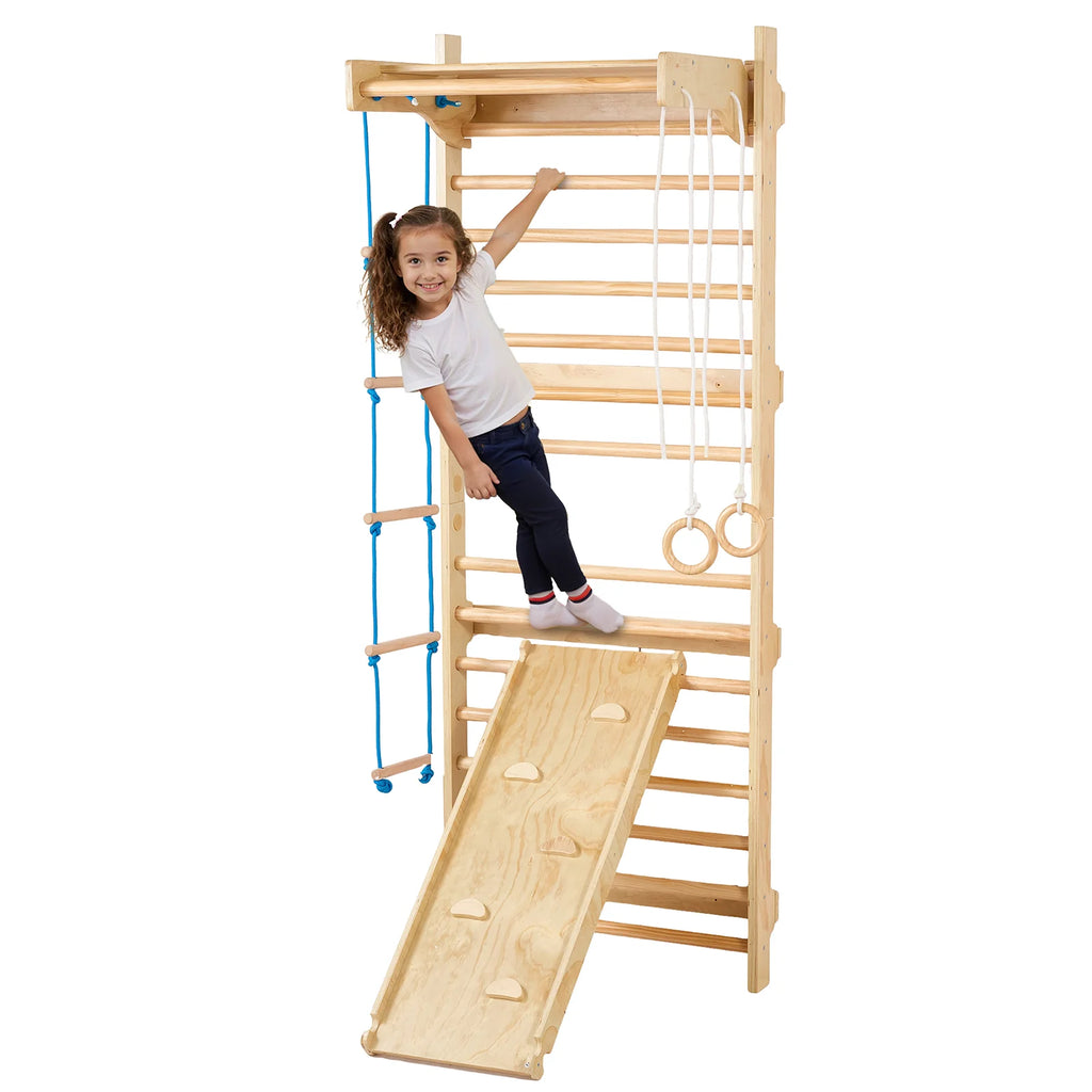 Swedish Ladder Wall Gym, 5 in 1 Wooden Indoor Playground Climbing Toys, 220 Lbs Load Capacity Swedish Wall Ladder with Pull-Up Bar, Gymnastic Rings, Wall Ladder, Rope Ladder, and Slide Board