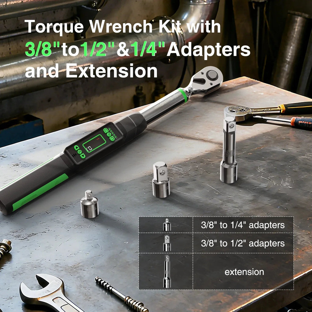 Taskstar 3/8-Inch Digital Torque Wrench with 1/4"&1/2" Adapter, Bidirectional Ratchet Head, ±2% Accuracy Electronic Torque Wrench(0-162Ft-Lbs/0-220N.M), Handheld Wrench Kit for Bicycle/Car/Motorcycle Care, 5 Units of Measure